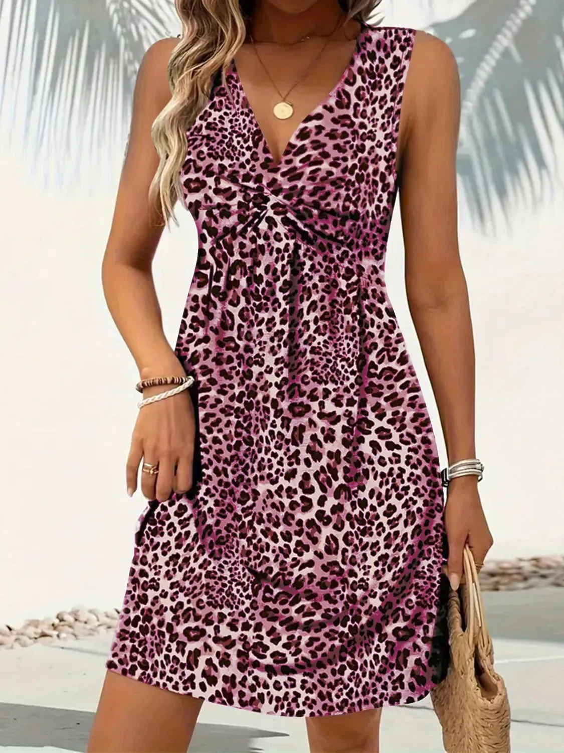 Leopard V-Neck Sleeveless Mini Dress