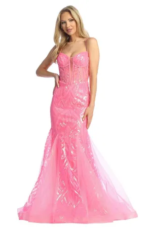 LF 7870 - Sequin Patterned Fit & Flare Prom Gown with Sheer Boned Corset Bodice & Open Lace Up Back