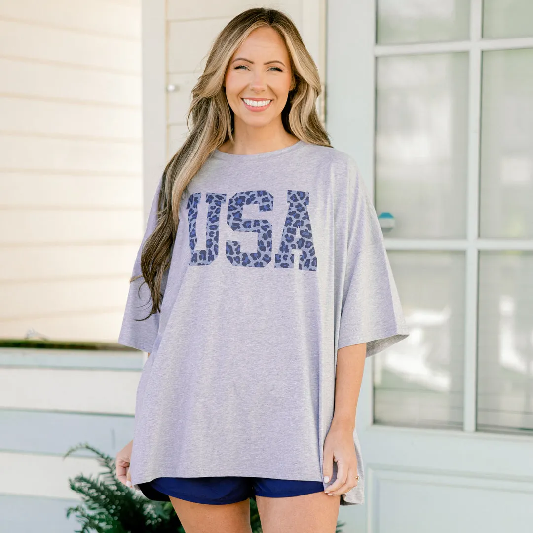Liberty Leopard Boyfriend Tee, Heather Gray