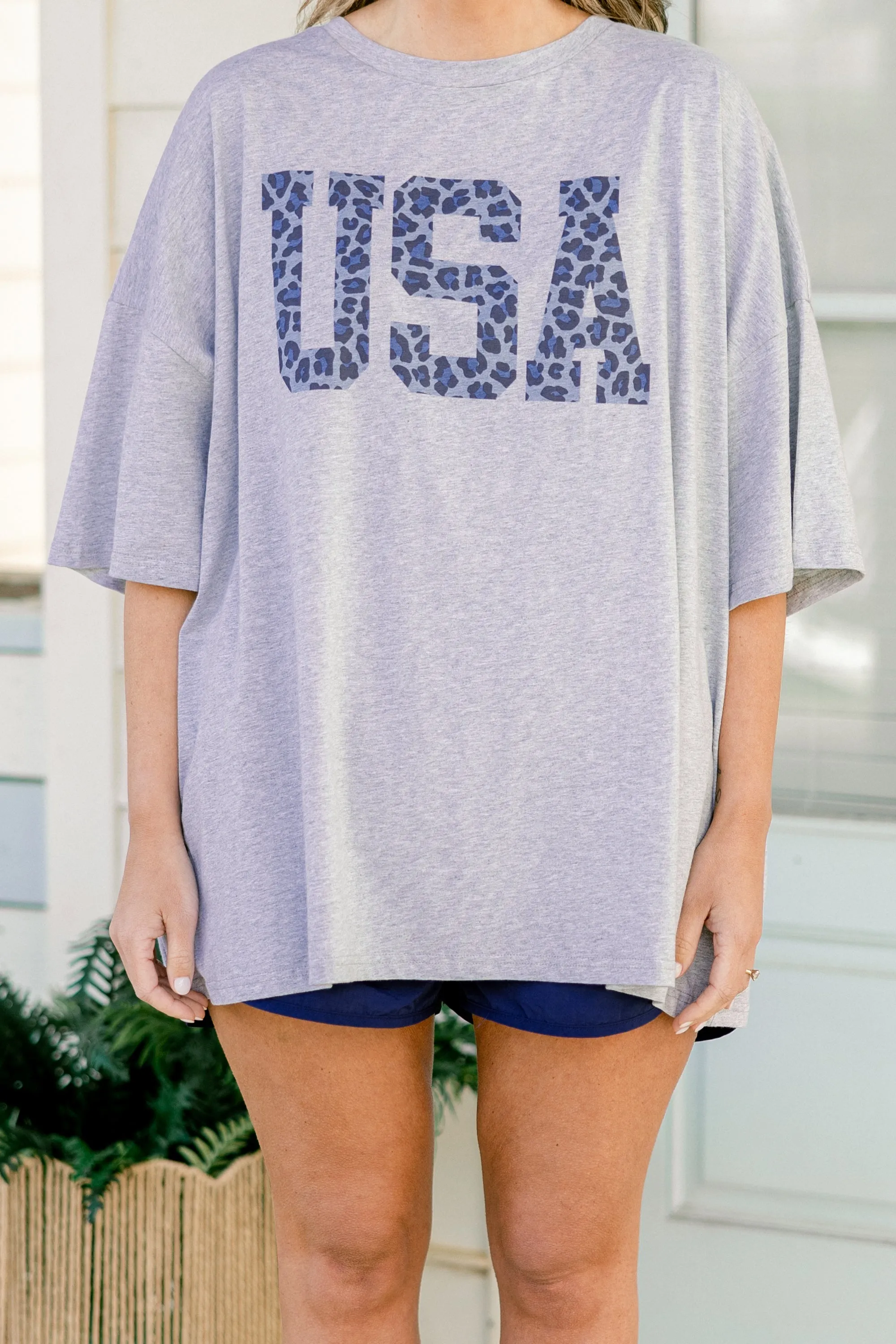 Liberty Leopard Boyfriend Tee, Heather Gray