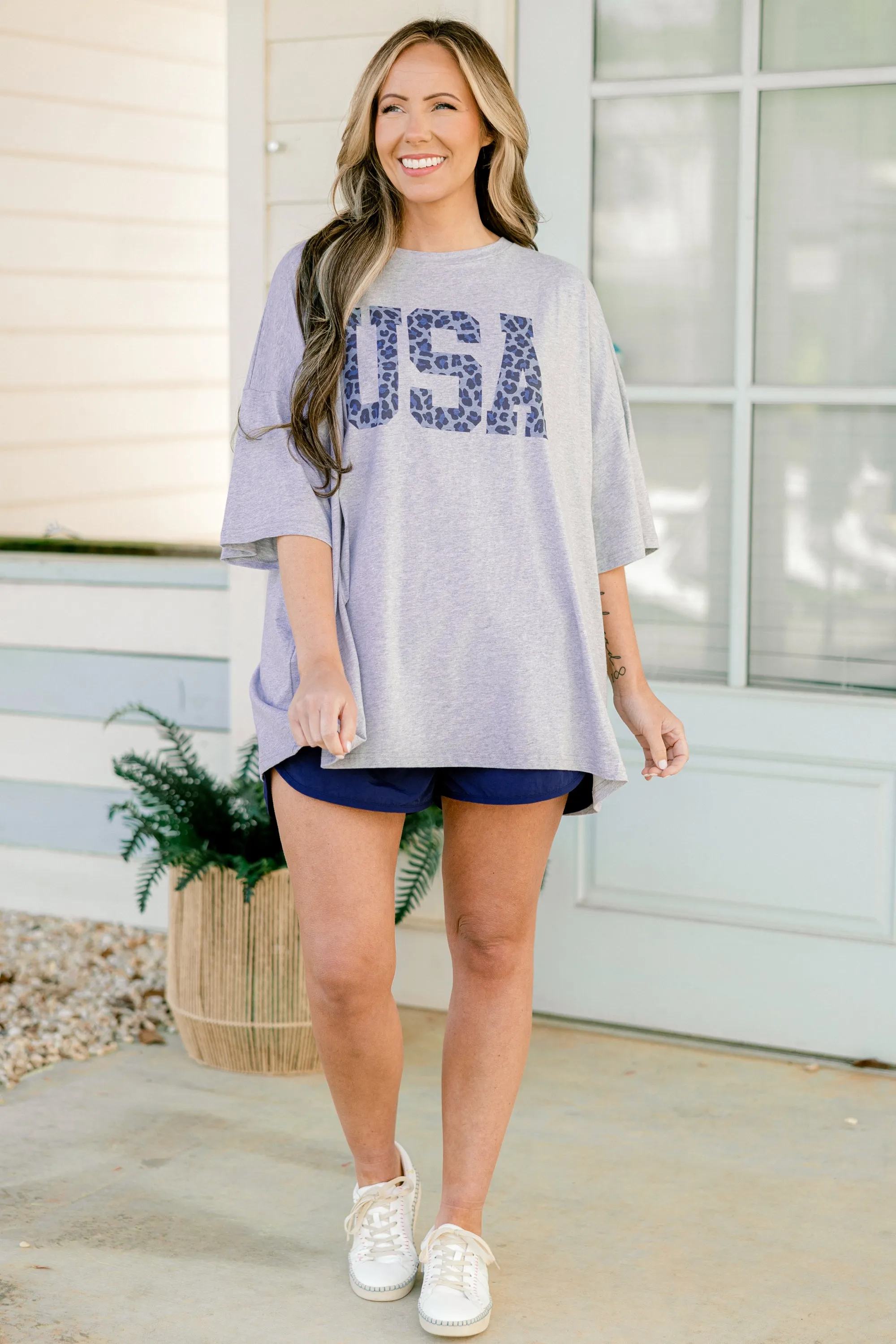 Liberty Leopard Boyfriend Tee, Heather Gray