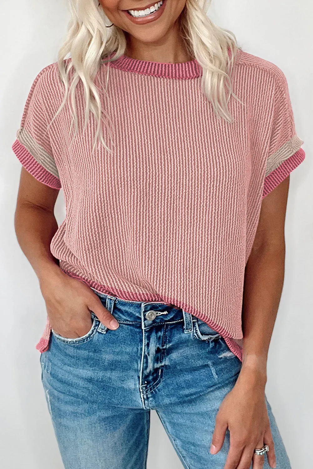 Light Pink Textured Colorblock Round Neck T Shirt