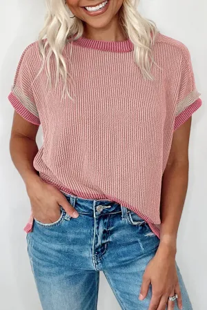 Light Pink Textured Colorblock Round Neck T Shirt