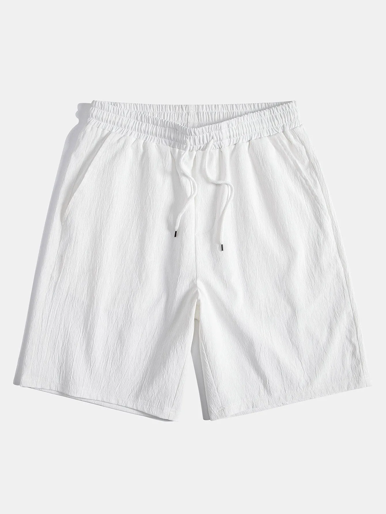 Linen Rayon Blend Button Up Shirt & Crinkled Textured Drawstring Shorts
