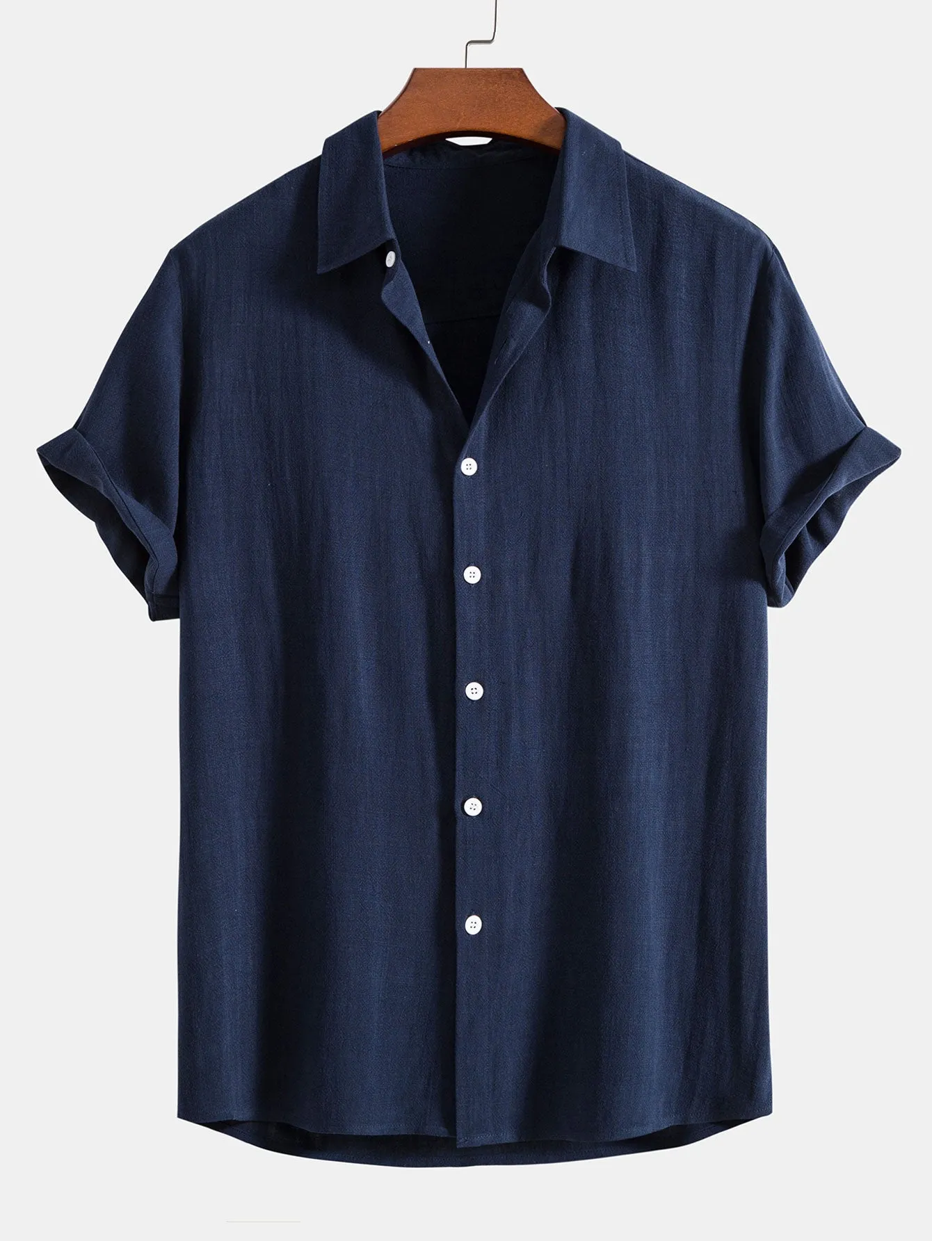 Linen Rayon Blend Button Up Shirt & Crinkled Textured Drawstring Shorts
