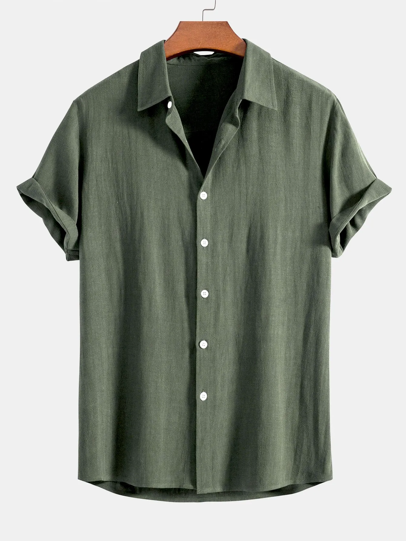 Linen Rayon Blend Button Up Shirt & Crinkled Textured Drawstring Shorts
