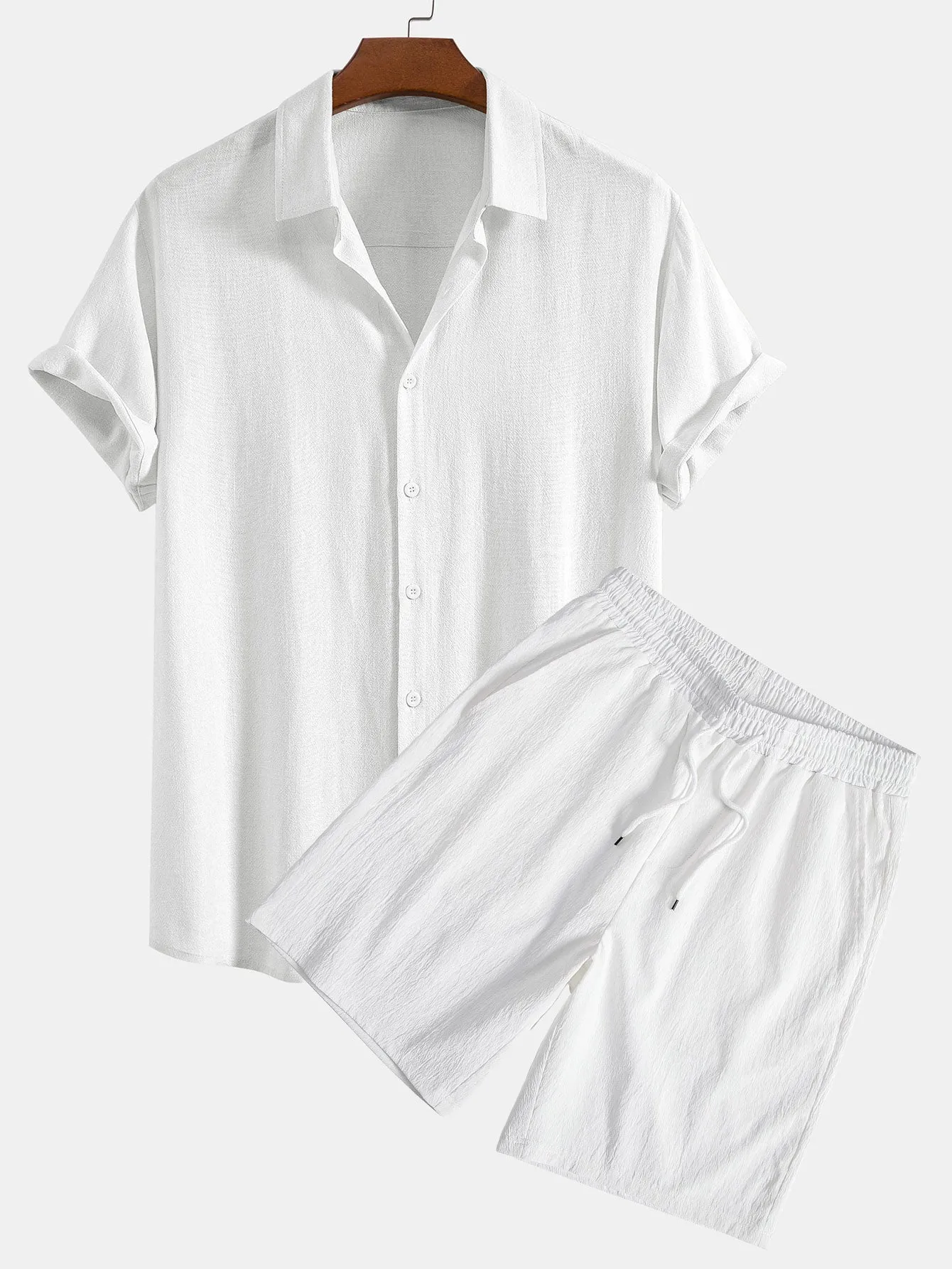 Linen Rayon Blend Button Up Shirt & Crinkled Textured Drawstring Shorts