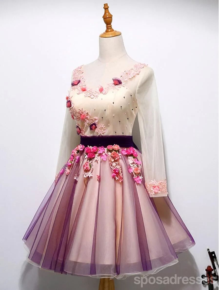 Long Sleeve Hand Made Flower Cute Homecoming Prom Dresses, Affordable Short Party Prom Dresses, Perfect Homecoming Dresses, CM322