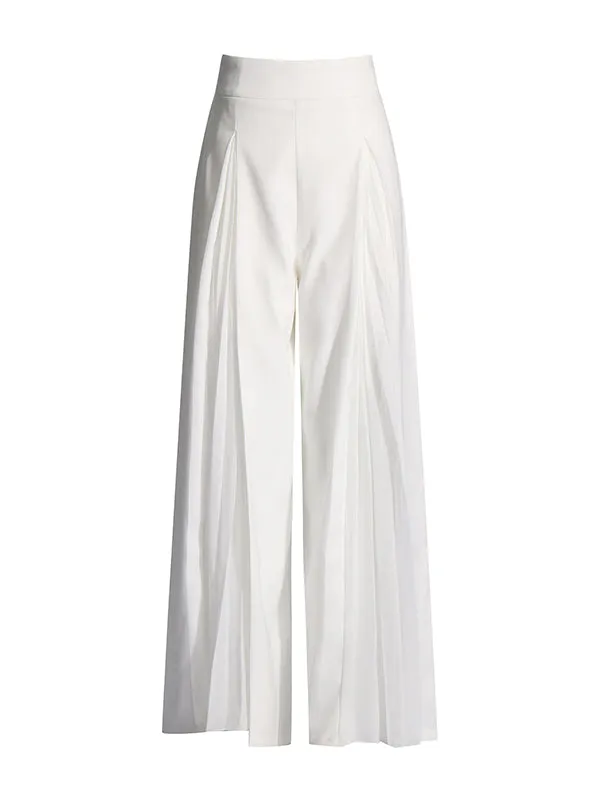 Long Sleeves Buttoned Solid Color Split-Joint Round-Neck Blazers Top   Zipper Wide Leg Mesh Pleated Pants Bottom Two Pieces Set