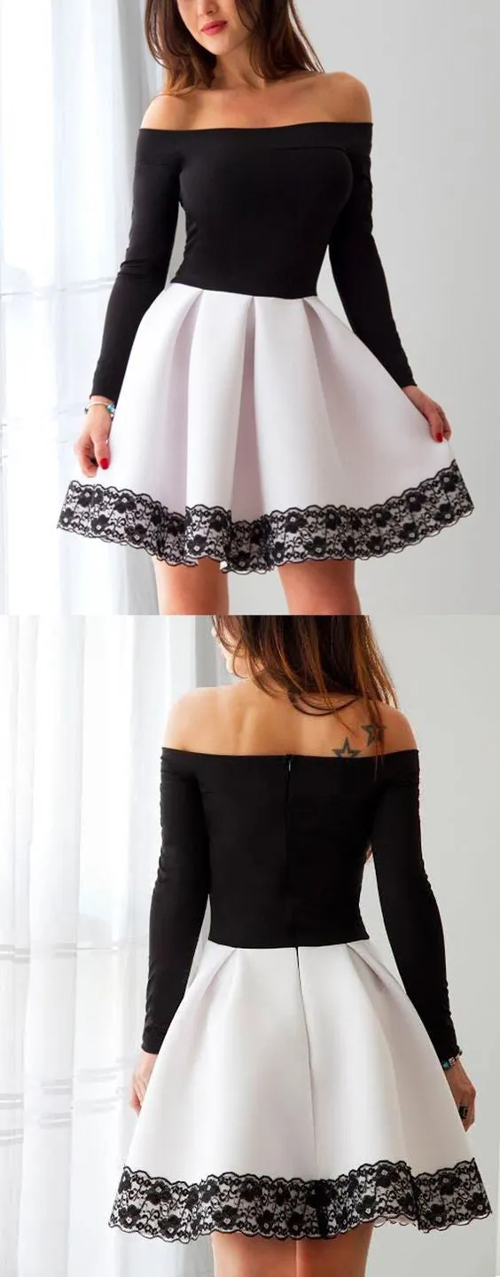 Long Sleeves White and Black A Line Short Prom Dress Cheap Homecoming Dress OKC90