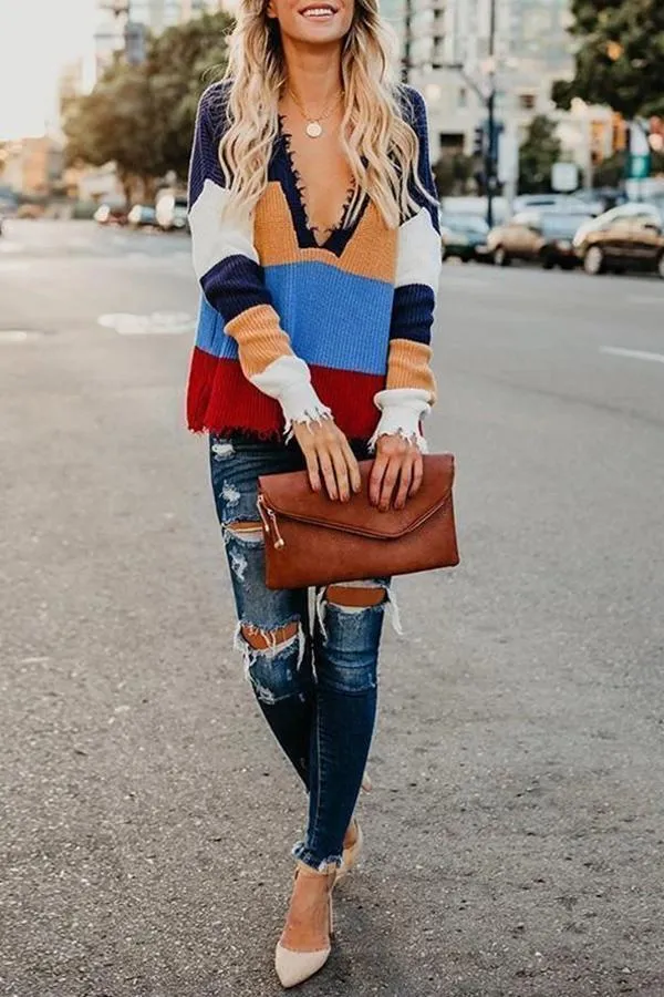 Loose Rainbow Striped Sweater