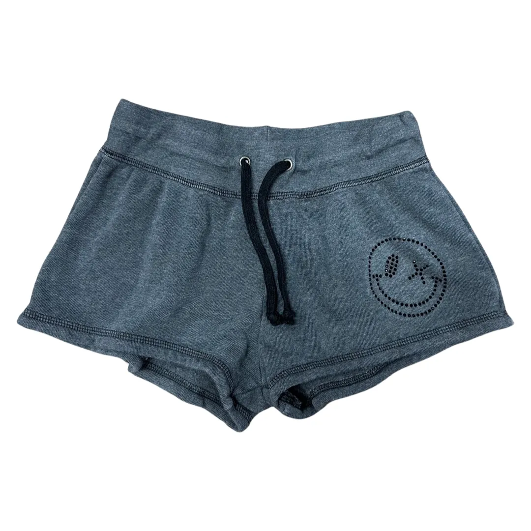 Love Junkie Fleece Rhinestone Smiley Shorts - Charcoal