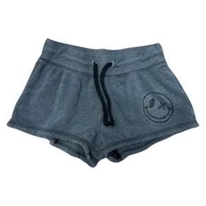 Love Junkie Fleece Rhinestone Smiley Shorts - Charcoal