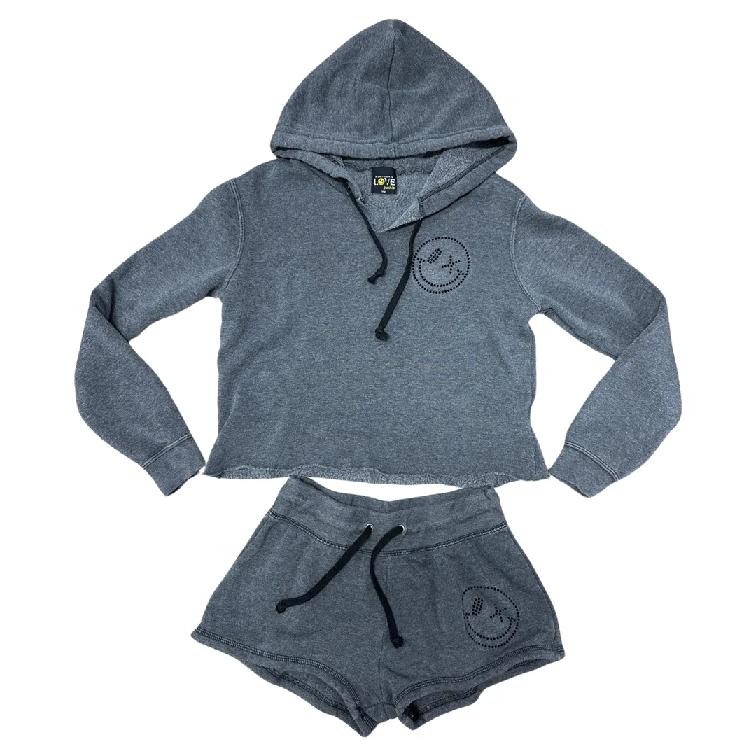 Love Junkie Fleece Rhinestone Smiley Shorts - Charcoal