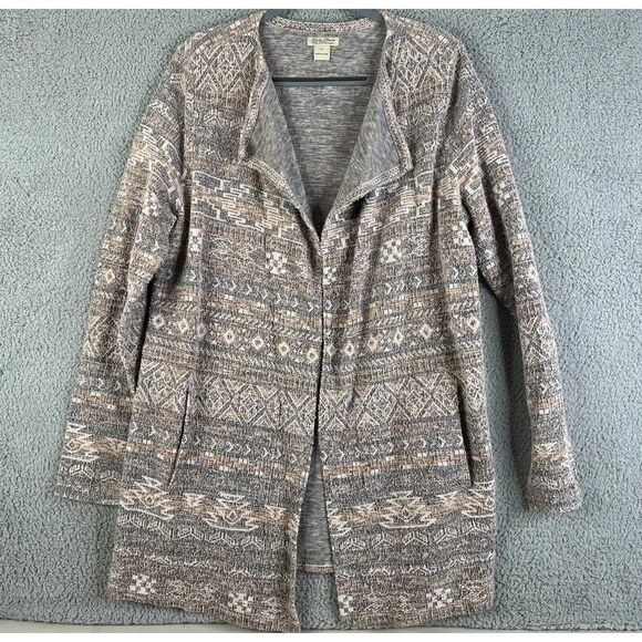 Lucky Brand Cardigan Jacket Women XL Open Drape Beige Blue Knit Textured Sweater