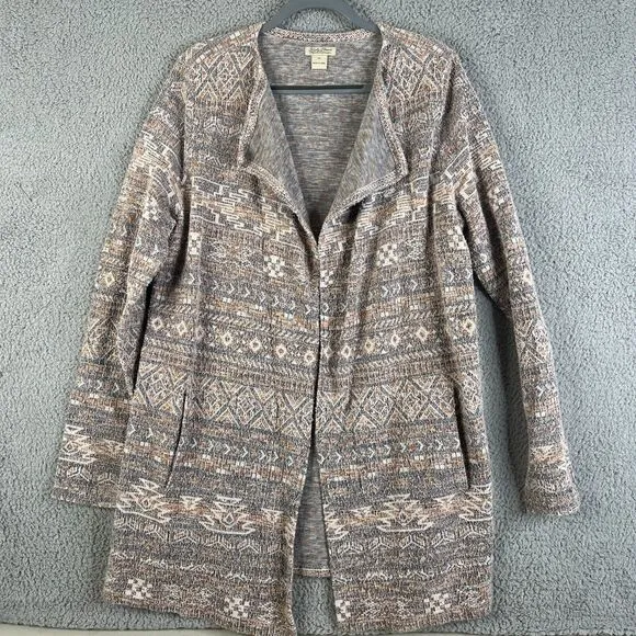 Lucky Brand Cardigan Jacket Women XL Open Drape Beige Blue Knit Textured Sweater