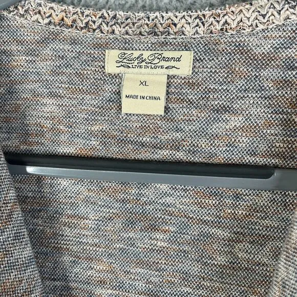Lucky Brand Cardigan Jacket Women XL Open Drape Beige Blue Knit Textured Sweater