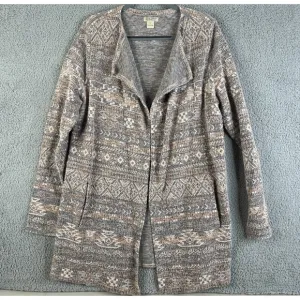 Lucky Brand Cardigan Jacket Women XL Open Drape Beige Blue Knit Textured Sweater
