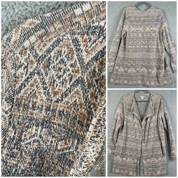 Lucky Brand Cardigan Jacket Women XL Open Drape Beige Blue Knit Textured Sweater