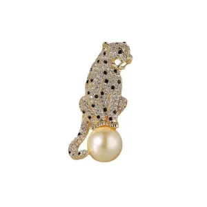 Luxury Copper Zircon Panther Brooch with Pearl
