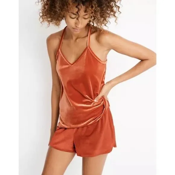 Madewell Velvet Pajama Set size XL Gray 2 Piece Shorts Tank K6209