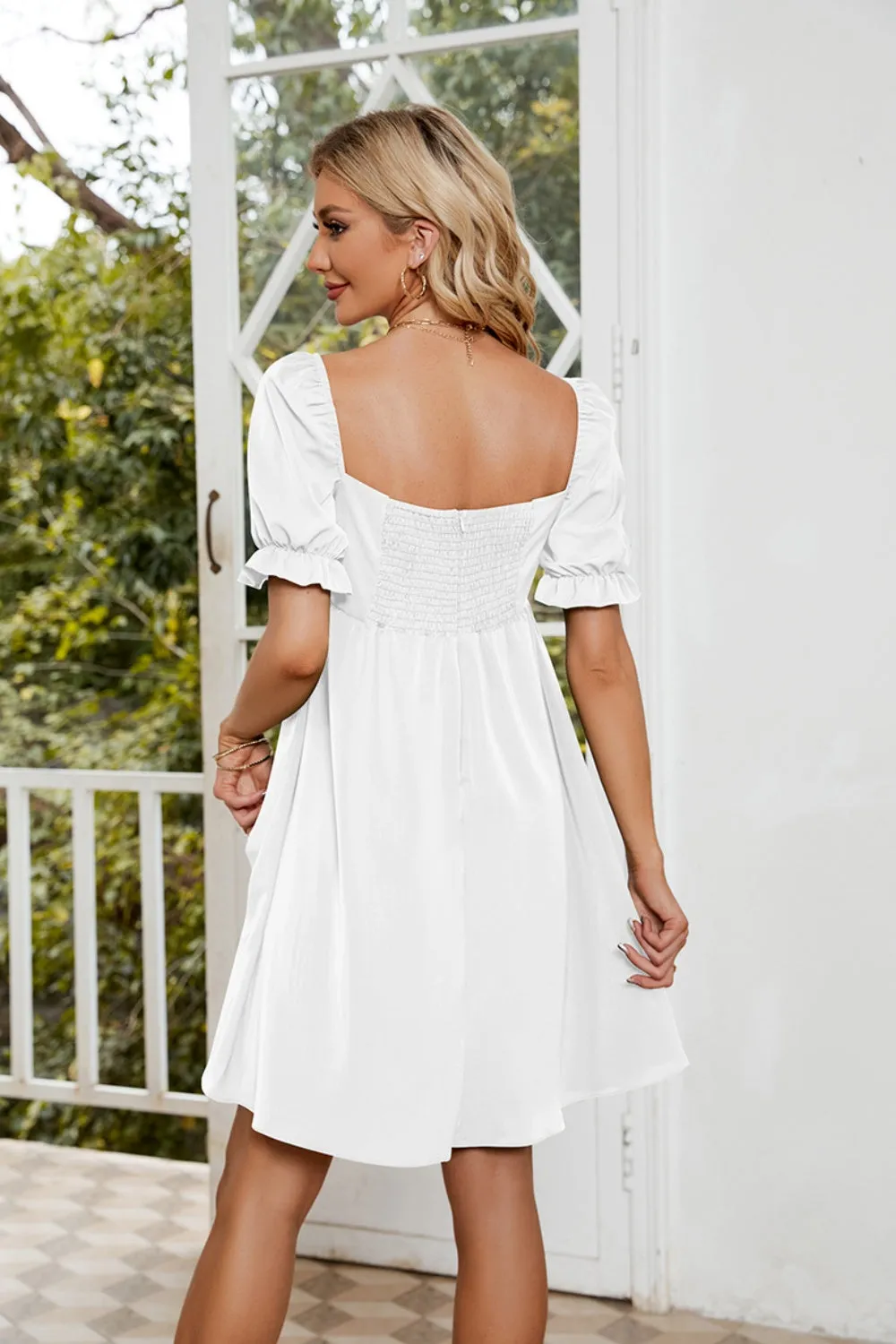 Mavis Ruched Square Neck Flounce Sleeve Mini Dress