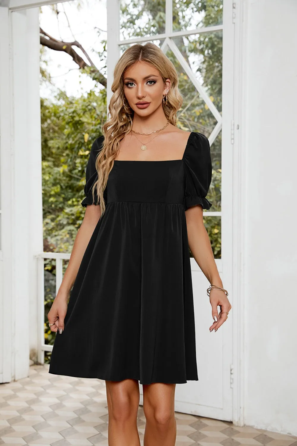 Mavis Ruched Square Neck Flounce Sleeve Mini Dress