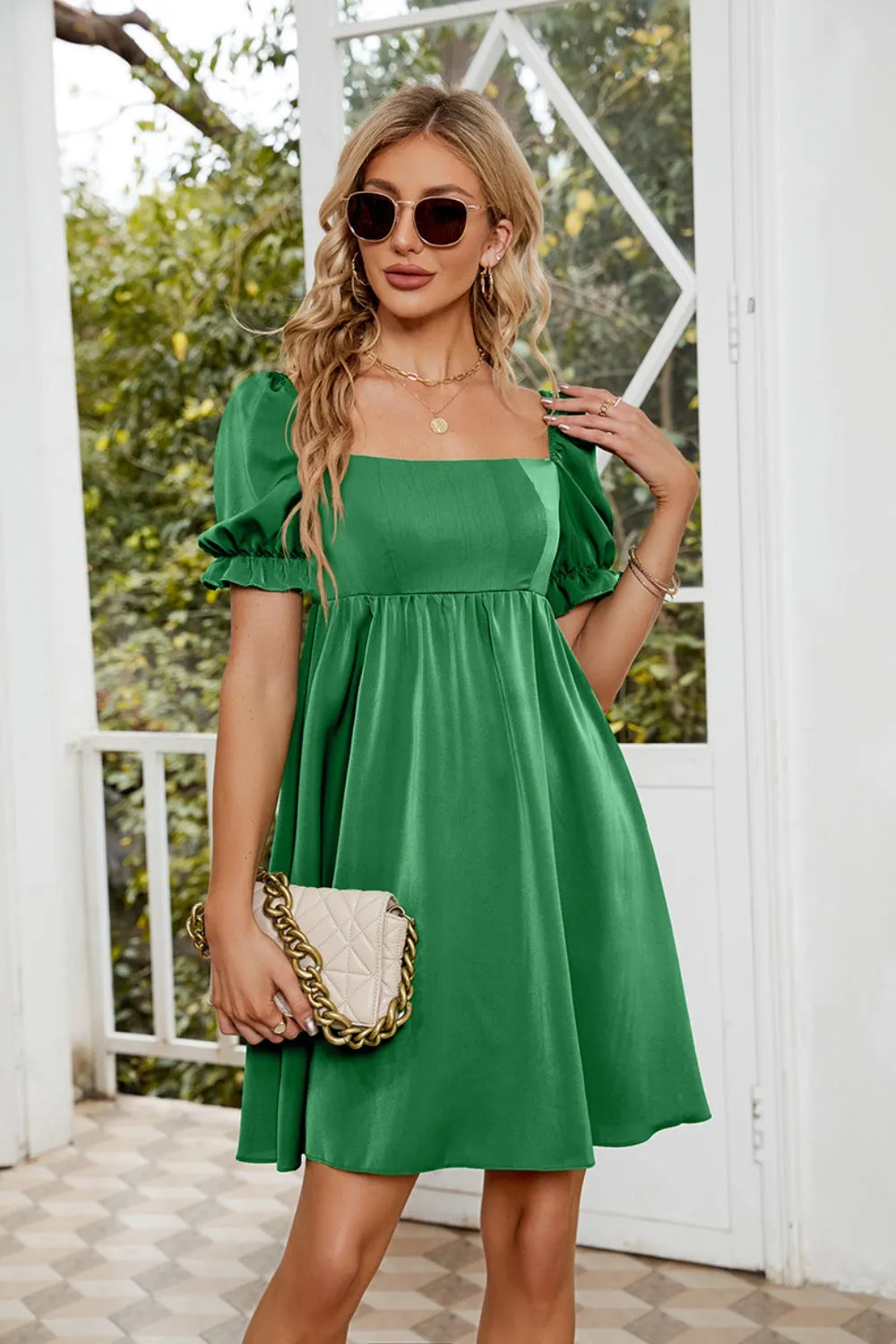 Mavis Ruched Square Neck Flounce Sleeve Mini Dress