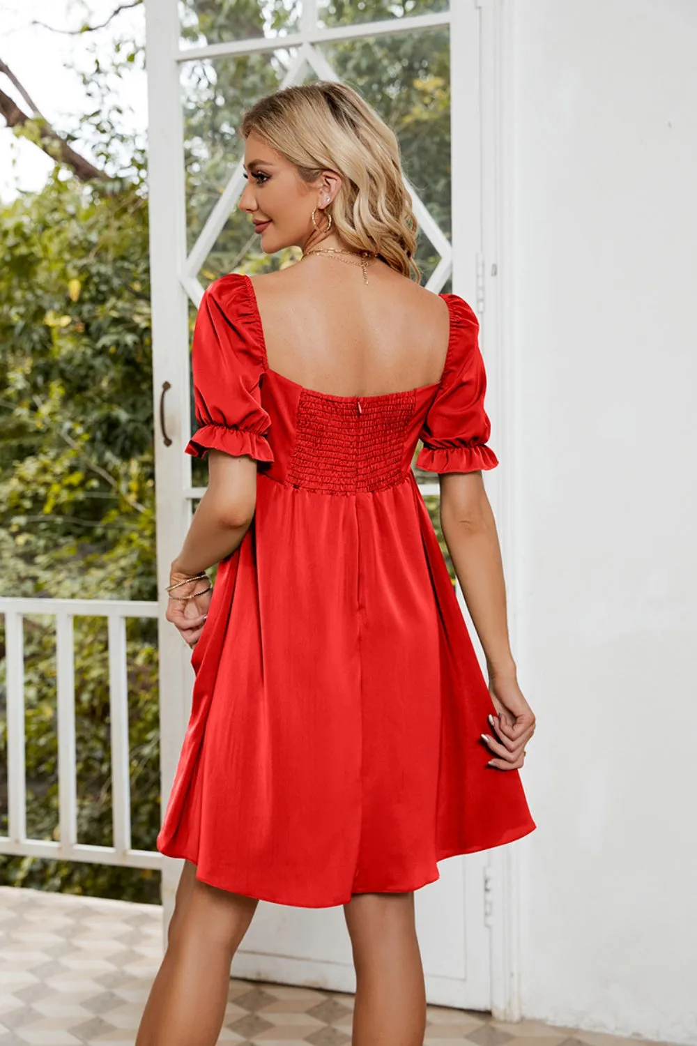Mavis Ruched Square Neck Flounce Sleeve Mini Dress
