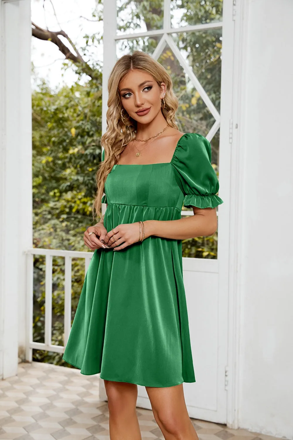 Mavis Ruched Square Neck Flounce Sleeve Mini Dress