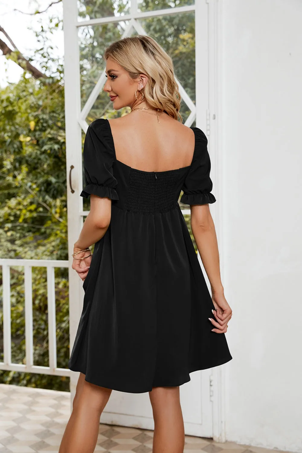 Mavis Ruched Square Neck Flounce Sleeve Mini Dress