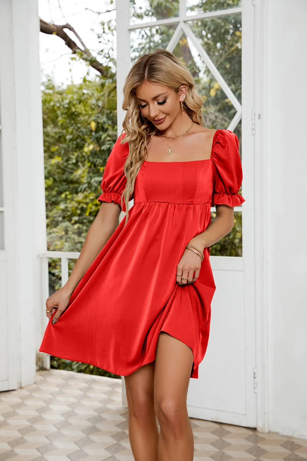 Mavis Ruched Square Neck Flounce Sleeve Mini Dress