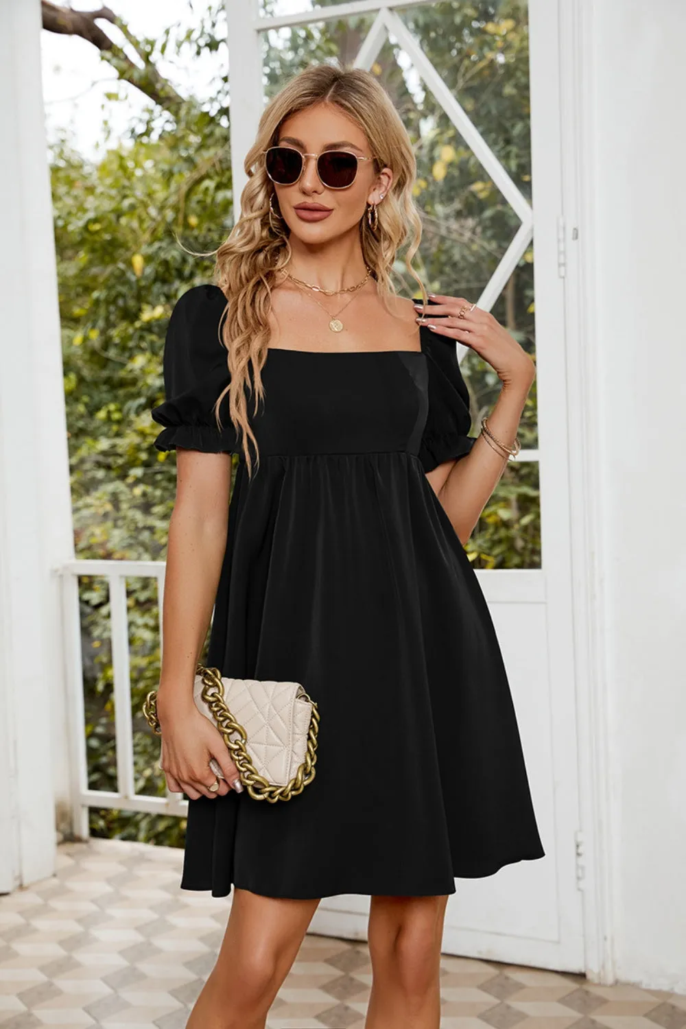 Mavis Ruched Square Neck Flounce Sleeve Mini Dress
