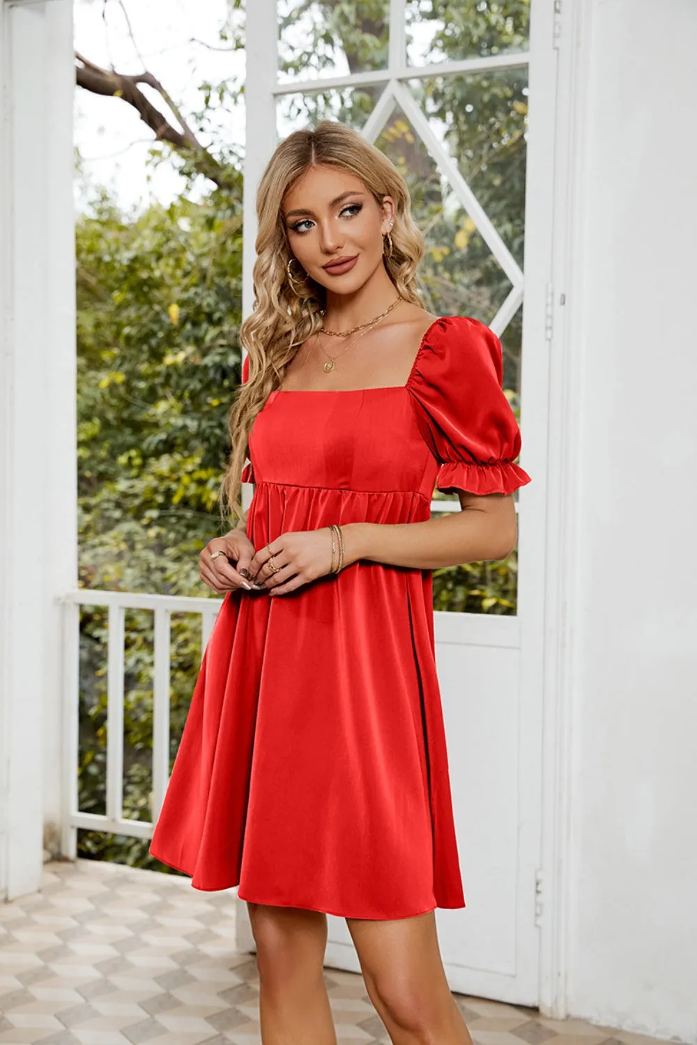 Mavis Ruched Square Neck Flounce Sleeve Mini Dress