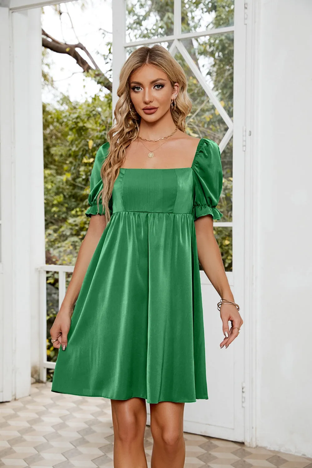 Mavis Ruched Square Neck Flounce Sleeve Mini Dress