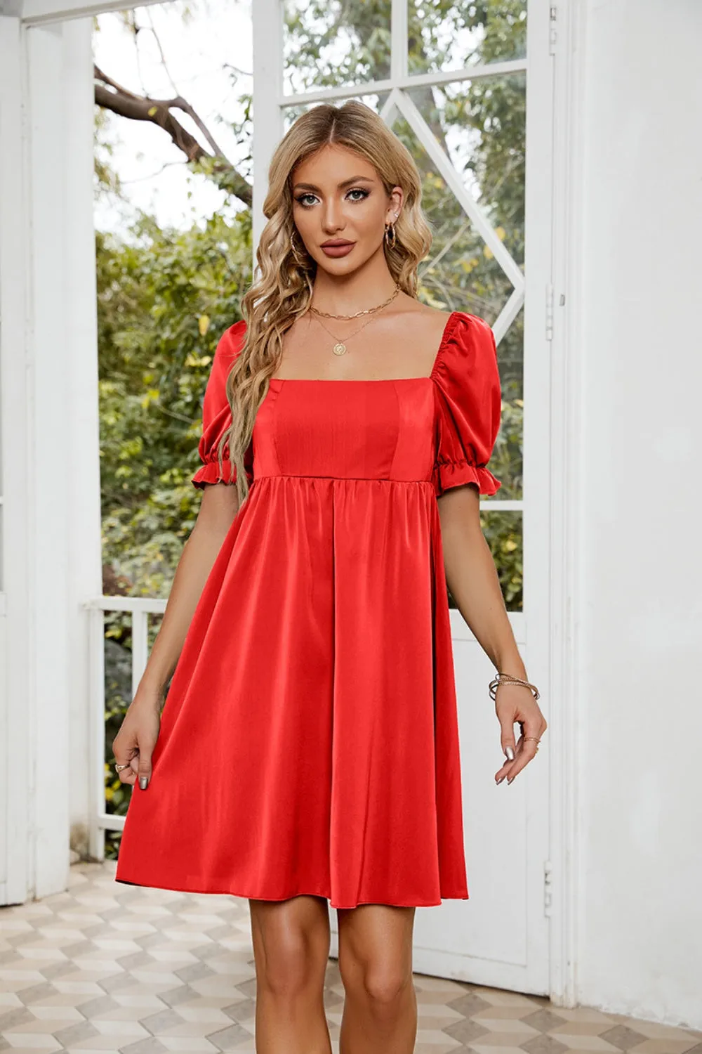 Mavis Ruched Square Neck Flounce Sleeve Mini Dress