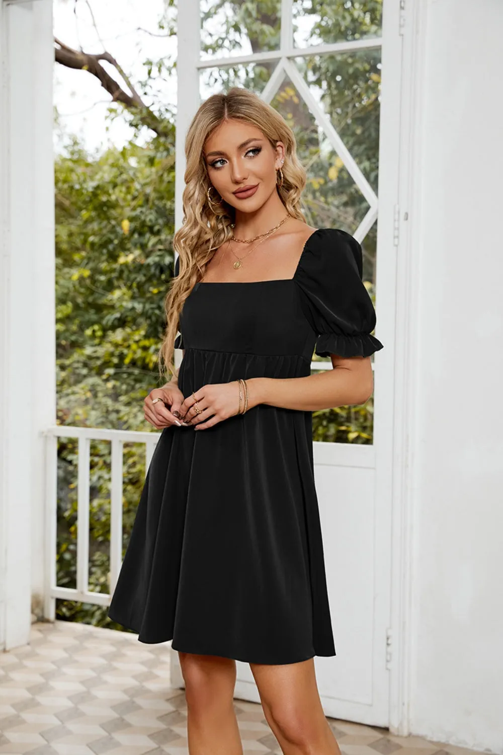 Mavis Ruched Square Neck Flounce Sleeve Mini Dress