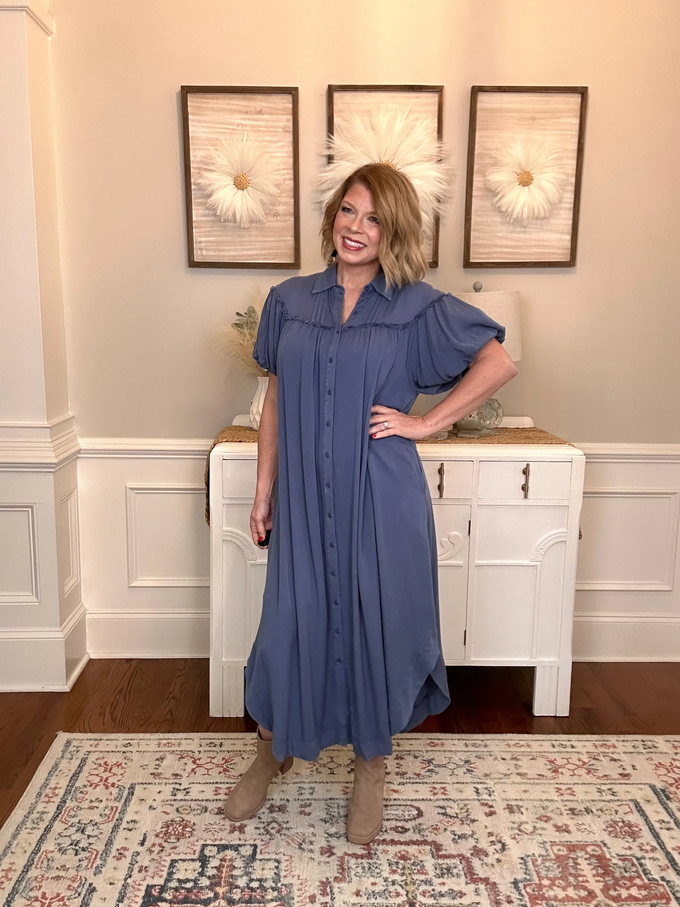 Maya Mineral Washed Puff Sleeve Maxi | Denim Blue