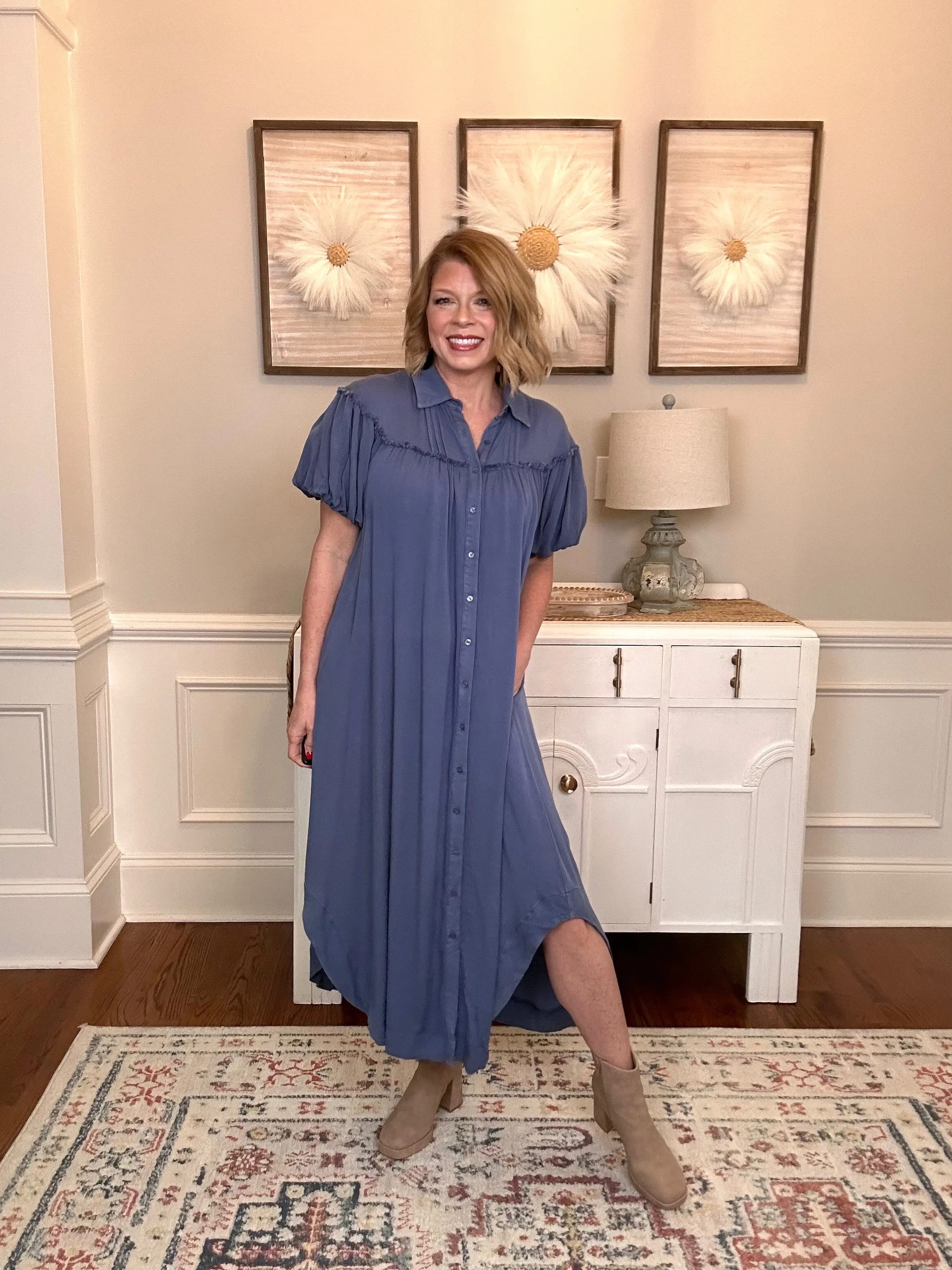 Maya Mineral Washed Puff Sleeve Maxi | Denim Blue