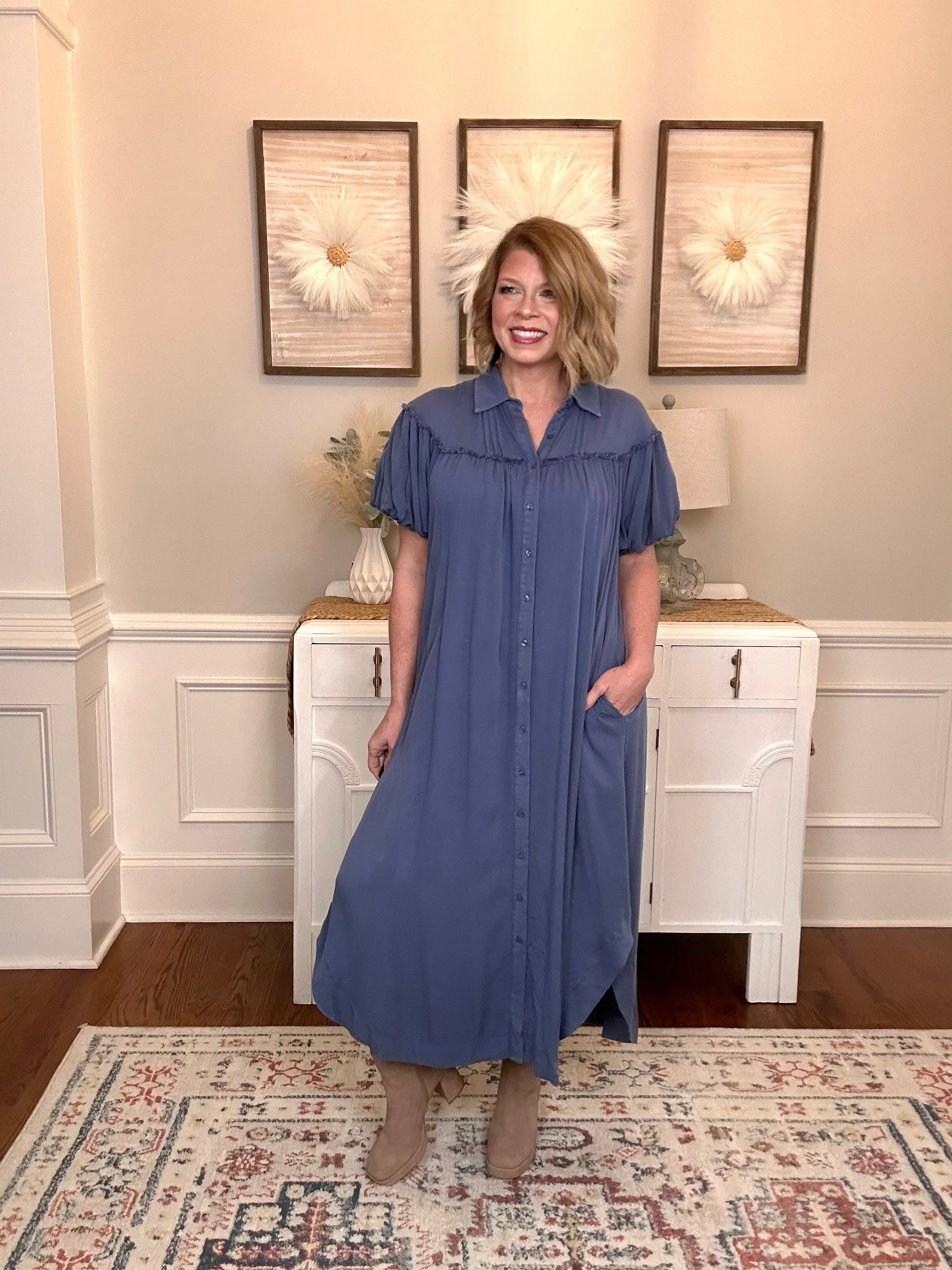 Maya Mineral Washed Puff Sleeve Maxi | Denim Blue