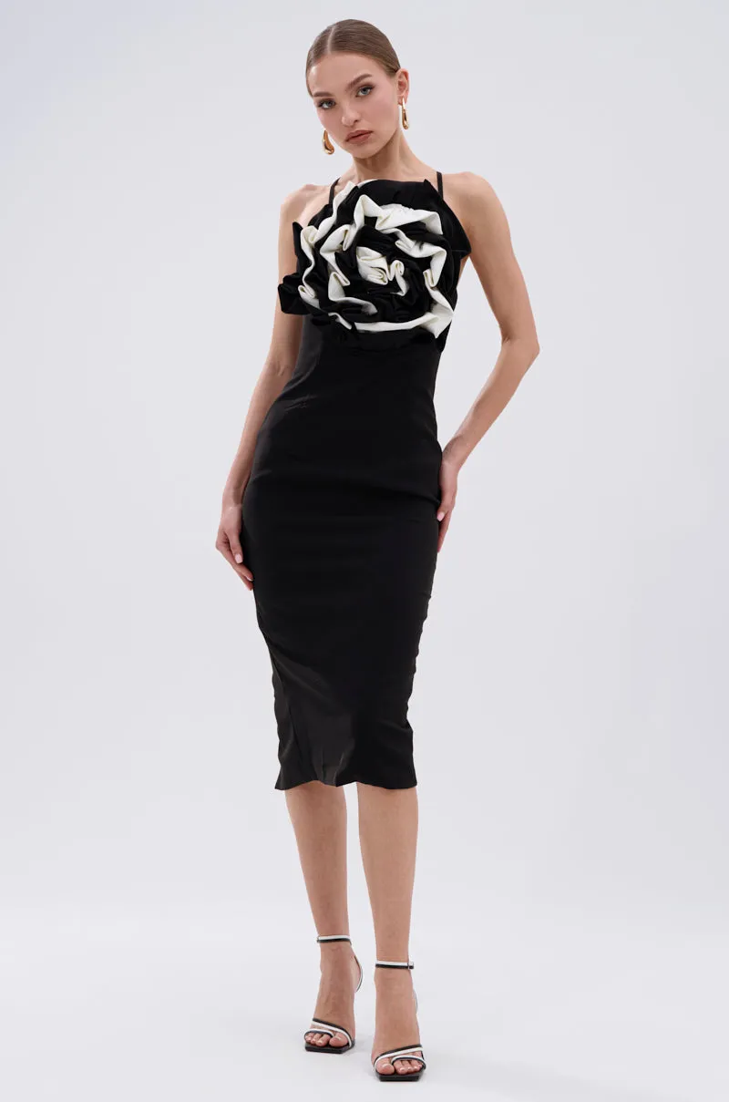 MAYBE SOMEDAY MIDI DRESS WITH FLOWER APPLIQUE