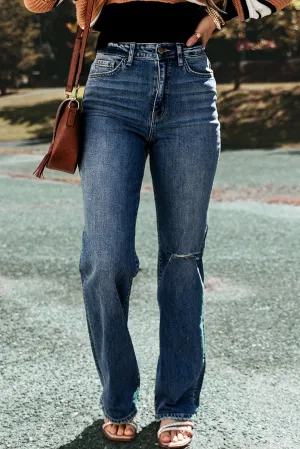 Medium Wash Ripped Straight Leg Jeans