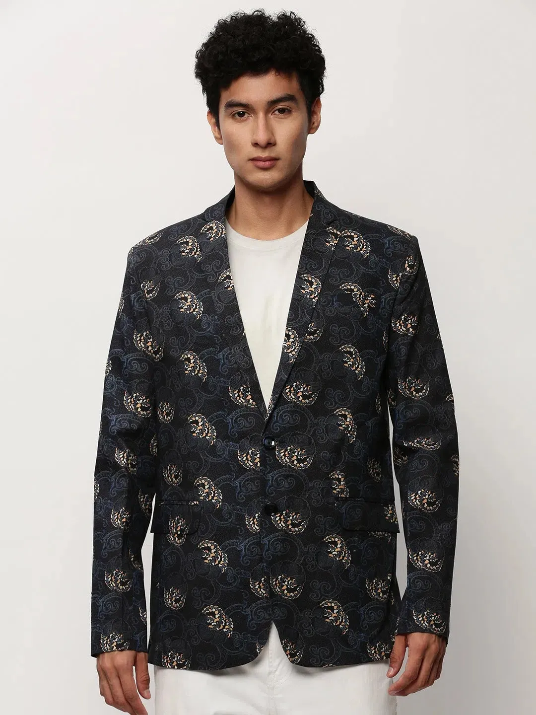 Men Black Printed Casual Blazers-SOBLZ-082-3-Black