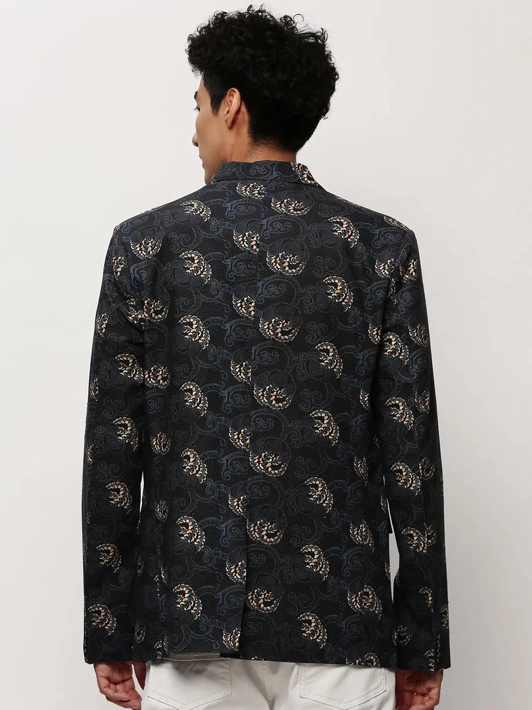 Men Black Printed Casual Blazers-SOBLZ-082-3-Black