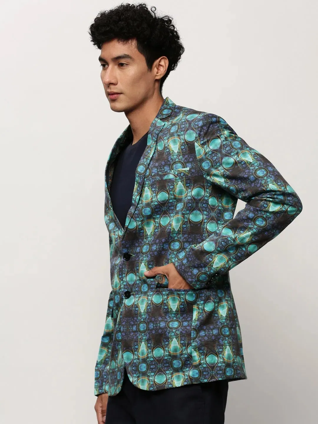 Men Blue Printed Casual Blazers-SOBLZ-082-1-Turquoiseblue