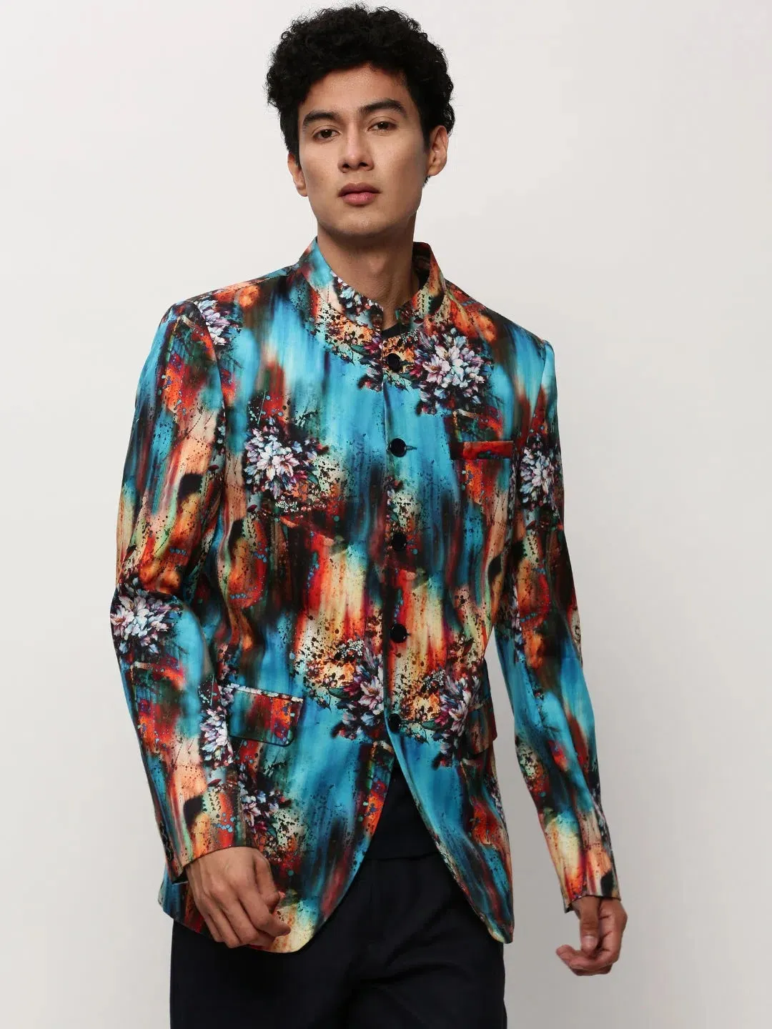 Men Blue Printed Casual Blazers-SOBLZ-083-9-Blue