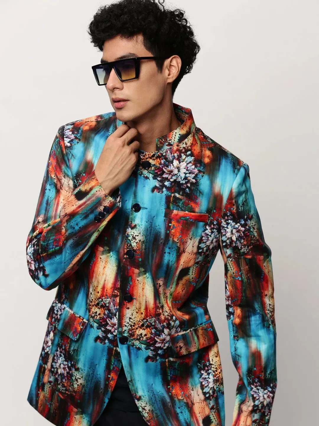 Men Blue Printed Casual Blazers-SOBLZ-083-9-Blue