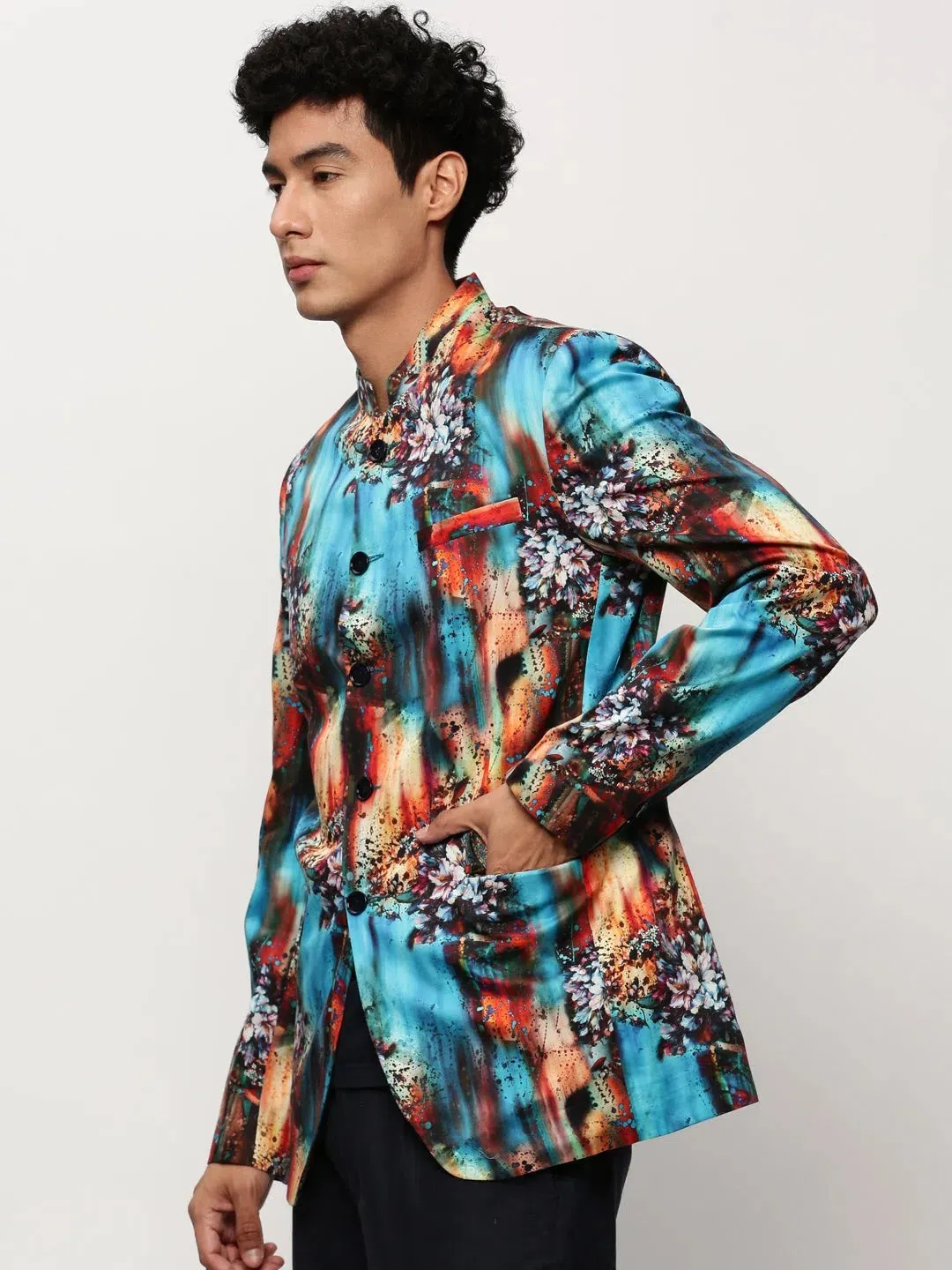 Men Blue Printed Casual Blazers-SOBLZ-083-9-Blue
