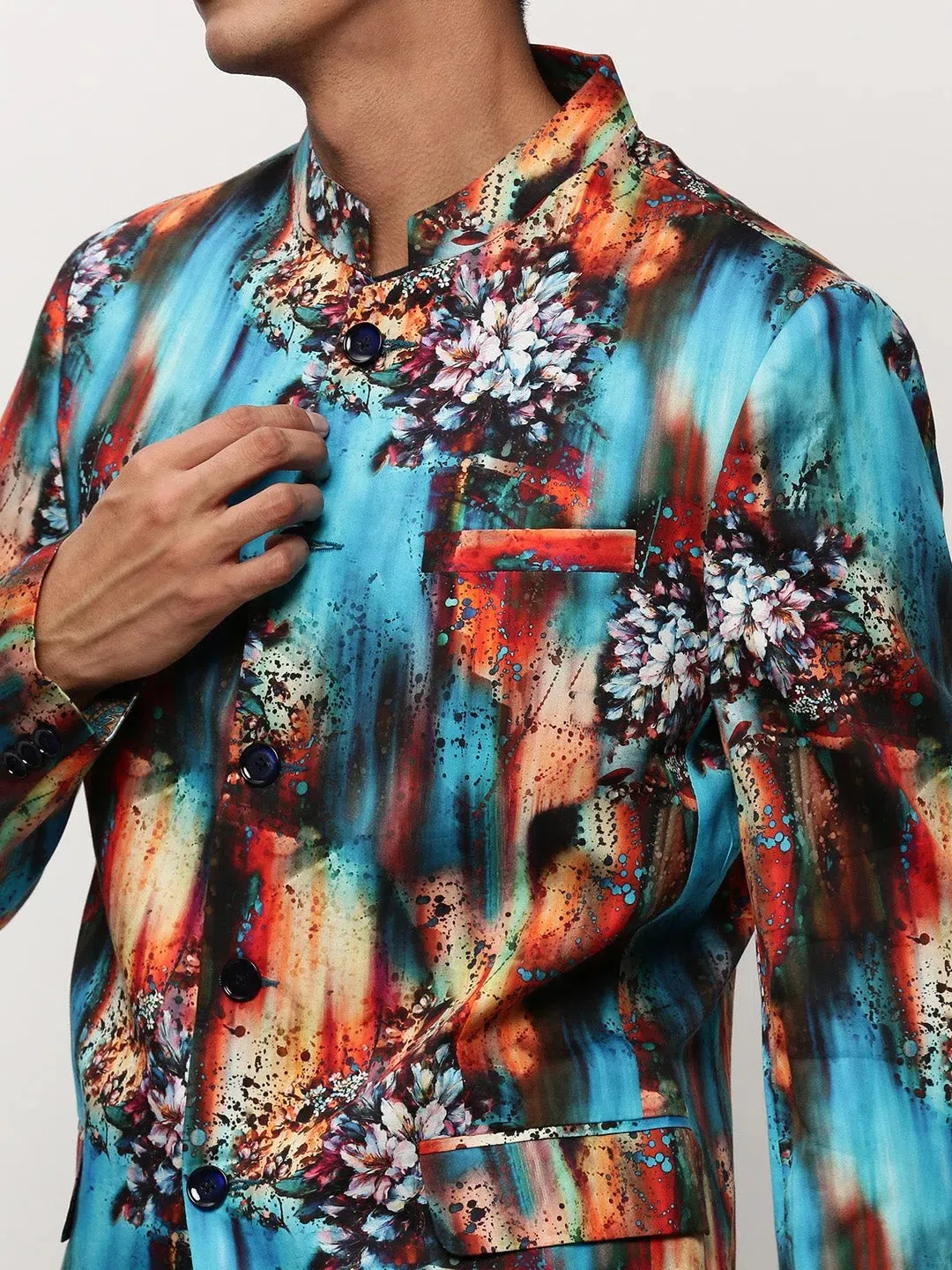 Men Blue Printed Casual Blazers-SOBLZ-083-9-Blue