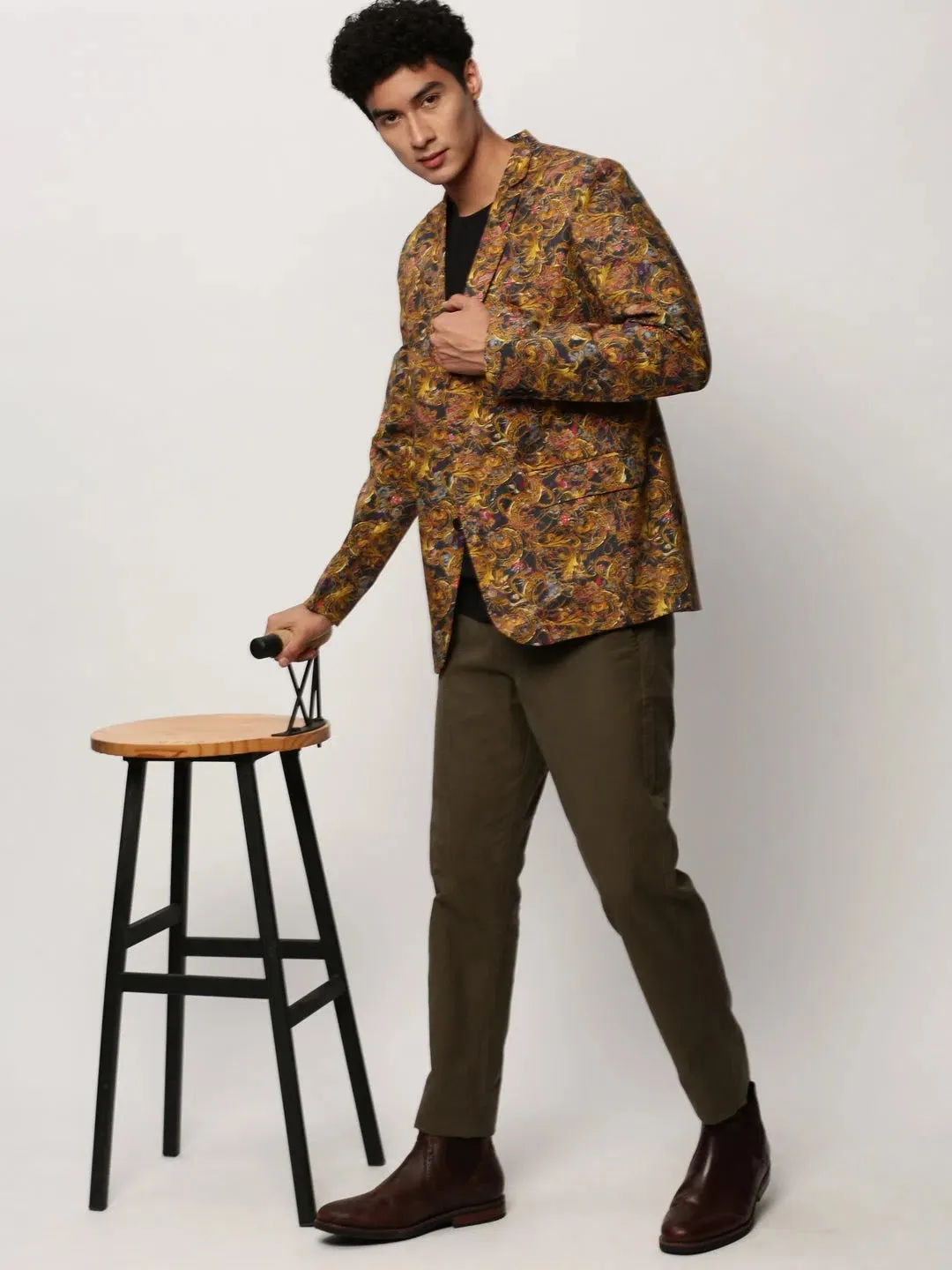 Men Yellow Printed Casual Blazers-SOBLZ-082-14-Mustard